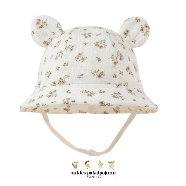 Muslina tipa cepure-mini ziediņiem un austiņām